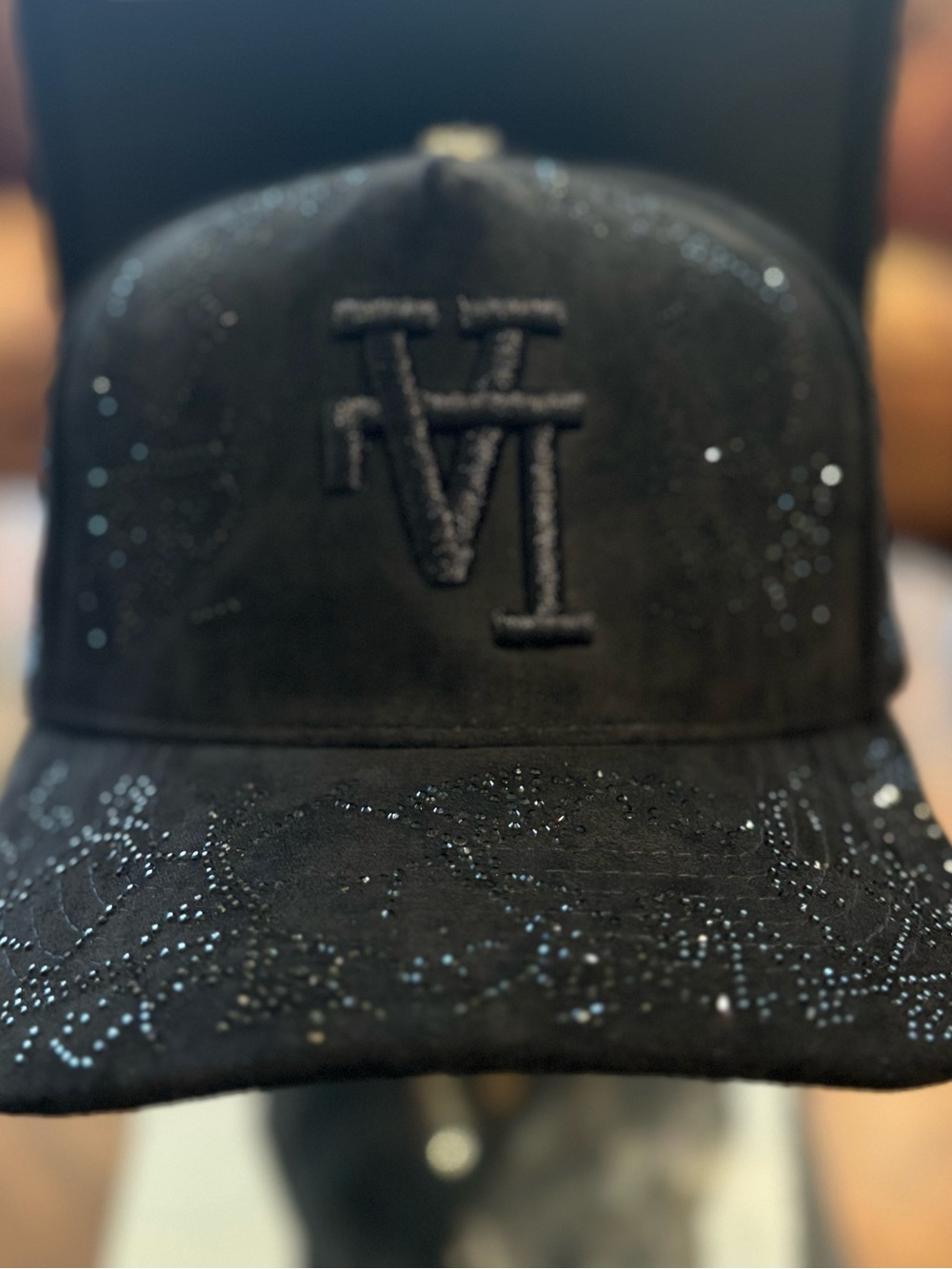 Los Angeles Dodgers All Black Suede SnapBack Hat With Rhinestone